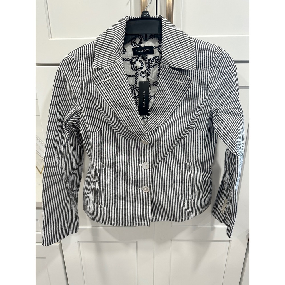 Talbots Women's Seersucker Stripe Nautical Blazer Jacket Size 6 Navy White